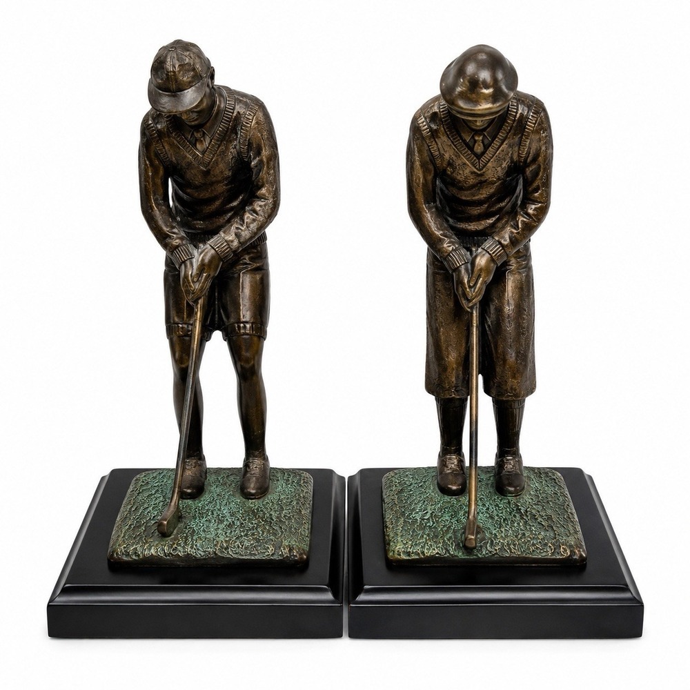 VTG Pair of Brass-Tone Golfer Statues | Country Club & Executive Office Decor